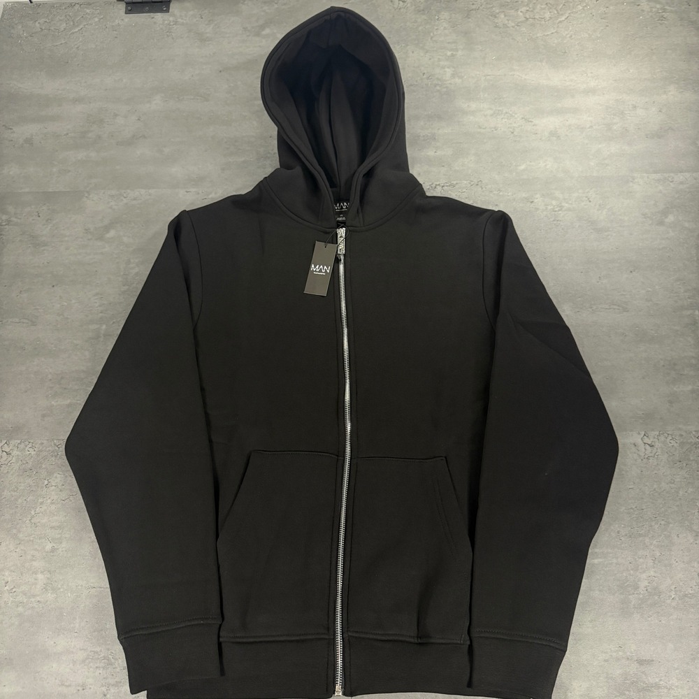BoohooMAN Zip Through Hoodie Mens XS Black Solid Long Sleeve Athleisure Blank